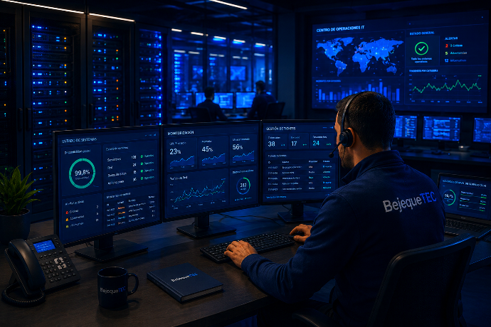 Entorno empresarial con soporte IT, monitorización y administración de sistemas corporativos