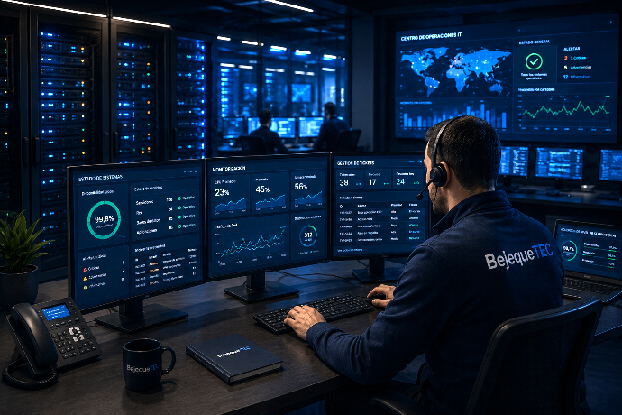 Entorno empresarial con soporte IT, monitorización y administración de sistemas corporativos
